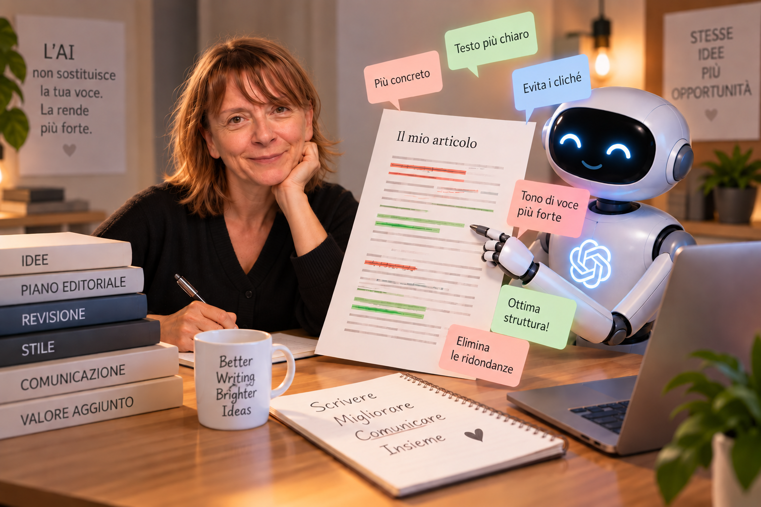 Io al pc con un robot che mi mostra le correzioni a un mio articolo